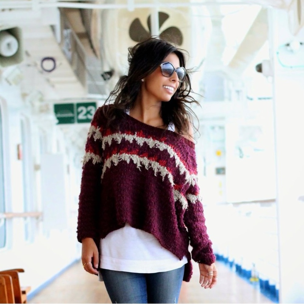 Free People Boho Shaggy Oversized Fair Isle Sweater